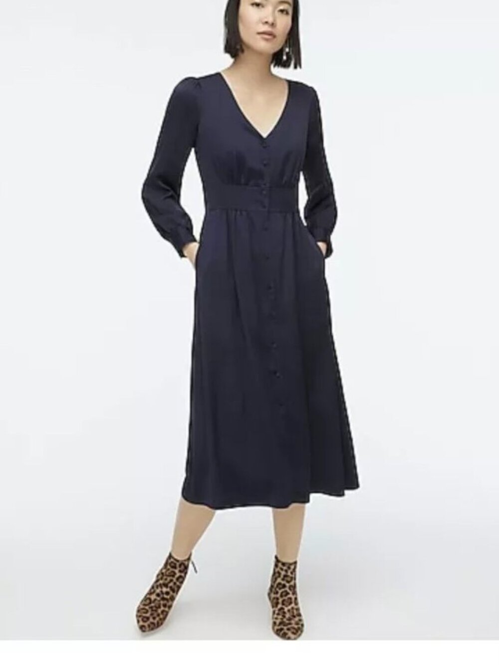 J. Crew Button Front A-line Midi Dress Navy Blue Size 10
